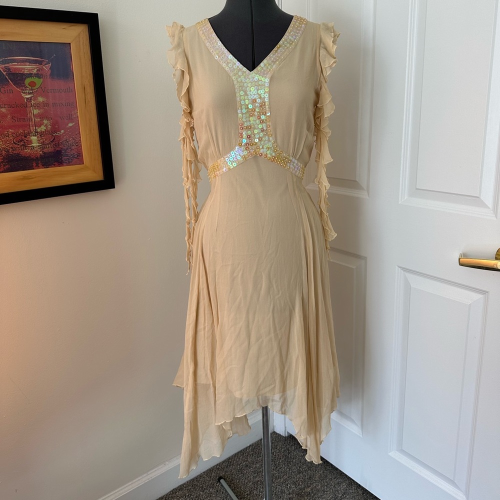 Mac Duggal Couture Fairy Dress Asymmetrical Sequin 100% Silk Flowy Ruffle